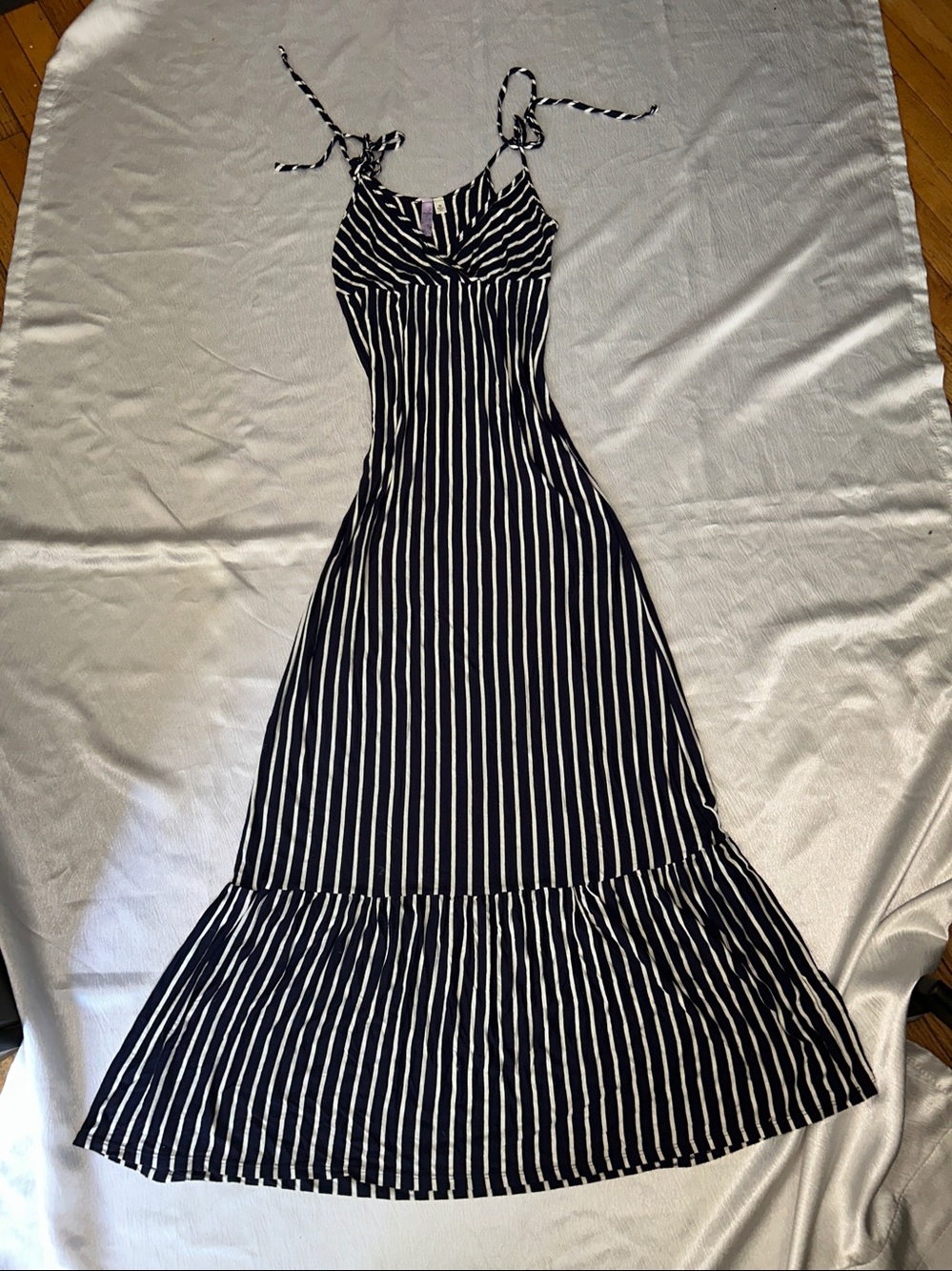 Striped Black and White Maxi Dress with Tie Straps - Picture 3 of 3